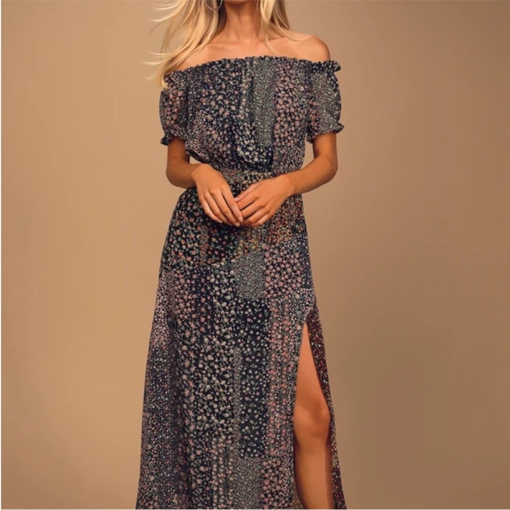 Lulus Neva multicolor mixed floral print off shoulder maxi dress size Medium
